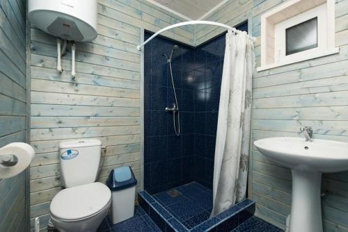 een badkamer met een douche, een toilet en een wastafel bij AVENTURIER CLUB houses in a line in Rozhny