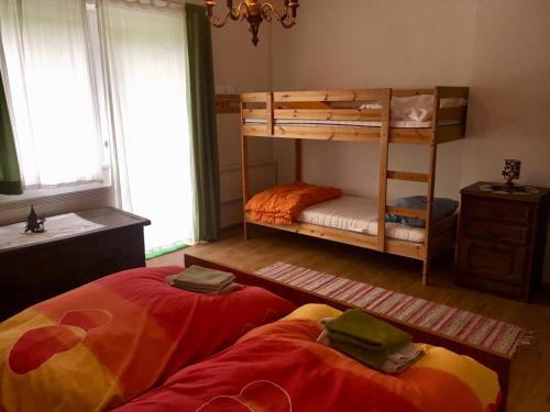 欣特施托德爾的住宿－Ferienhaus Roman，一间卧室设有两张双层床和一扇窗户。