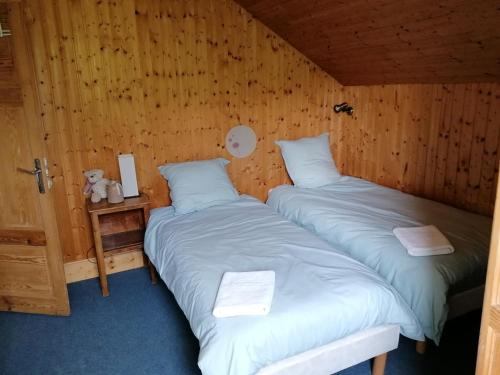 two twin beds in a room with wooden walls at Maison La Vigne - Gîtes et Chambres d'hôtes in Le Chambon-sur-Lignon