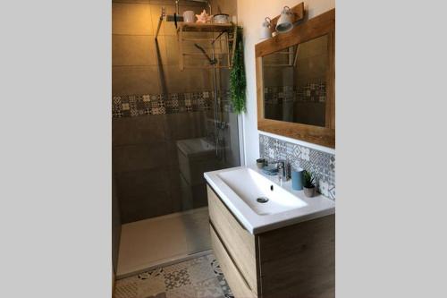 ein Badezimmer mit Waschbecken und Dusche in der Unterkunft Au lilas rose Maison entre campagne et village in Belvès