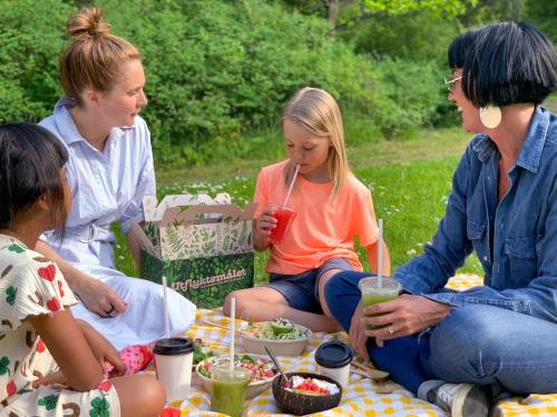a group of people sitting on a picnic blanket at Stiftsgården Vårdnäs Hotell in Brokind