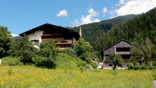 NikolsdorfにあるGästehaus Steinerhofの花畑の横の丘の上の家