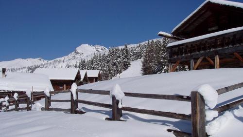a fence covered in snow in front of a cabin at Gästehaus Steinerhof in Nikolsdorf