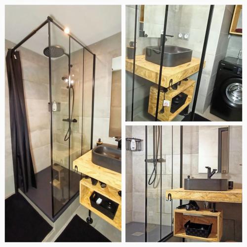 a bathroom with a sink and a glass shower at Le calme à 5 mn du centre ville - La Lisière T2 in Bonneville