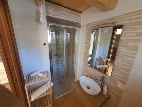 a bathroom with a sink and a glass shower at Vacanze in collina, tra mare e monti in Bucchianico