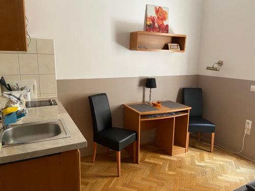 a kitchen with two chairs and a desk and a sink at Guest Rest Studio Apartments in Budapest