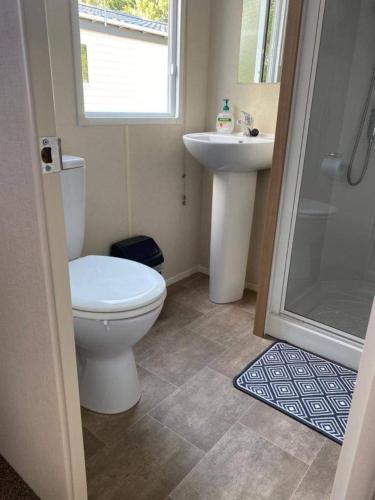 a bathroom with a toilet and a sink at KellysHolidayHomes Atlas 3 bedrooms caravan in Weeley