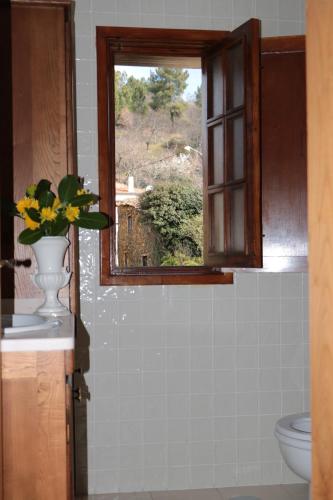a bathroom with a window and a vase with yellow flowers at Casa do Rebelhe in Vinhais