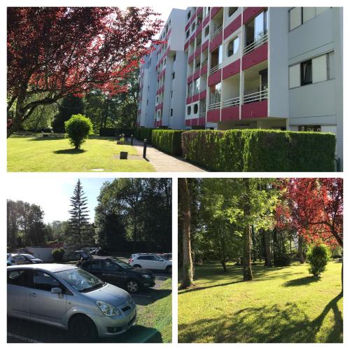 three pictures of a building and a parking lot at Le calme à 5 mn du centre ville - La Lisière T2 in Bonneville