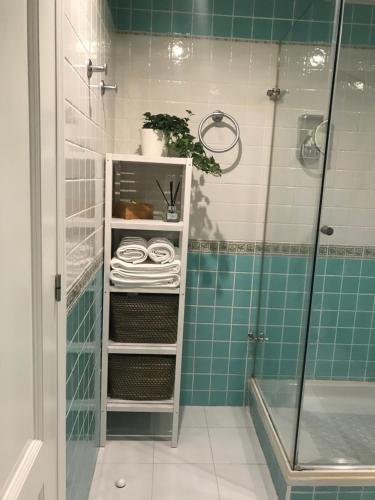 a bathroom with a towel rack in a shower at Habitación en Casa Qerétaro in Silla