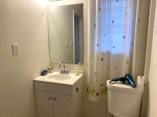 a bathroom with a sink and a toilet and a mirror at Alina & Fanny - Philadelphia Convention Center in Philadelphia