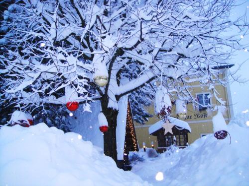 a snow covered tree with christmas ornaments on it at Gasthof Post in Rennweg