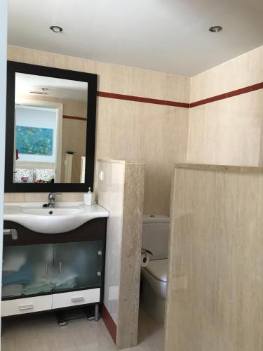 a bathroom with a sink and a mirror and a toilet at Habitación en Casa Qerétaro in Silla