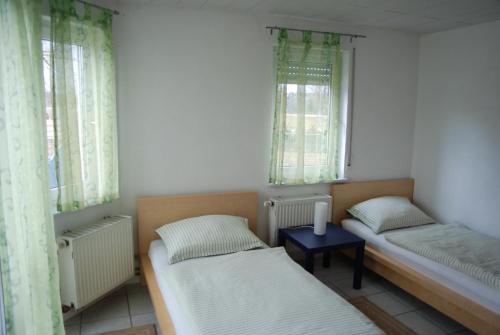 two beds in a room with two windows at Ferienwohnungen Schäfer in Obersulm
