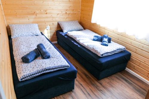 two beds in a room with wooden walls at NaposOldal Vendégház in Tapolca