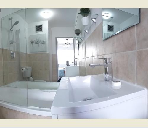 a bathroom with a white sink and a shower at Sea Spray in Bloubergstrand