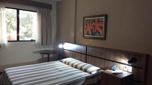 a hotel room with a bed and a window at Castel Plaza Hotel in Resende
