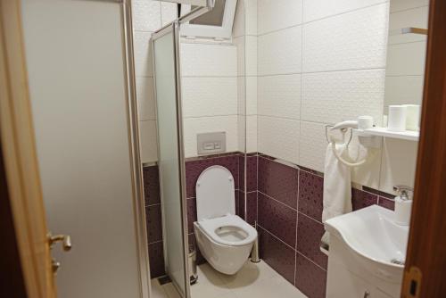 een kleine badkamer met een toilet en een wastafel bij can apart hotel in Kemer