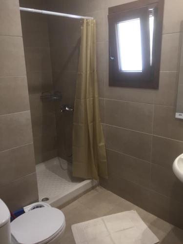 a bathroom with a shower and a toilet and a window at Tsanis in Parga