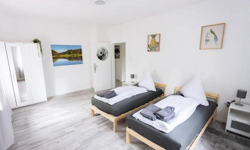 a living room with two beds and a table at Work & Stay in Villingen-Schwenningen in Villingen-Schwenningen