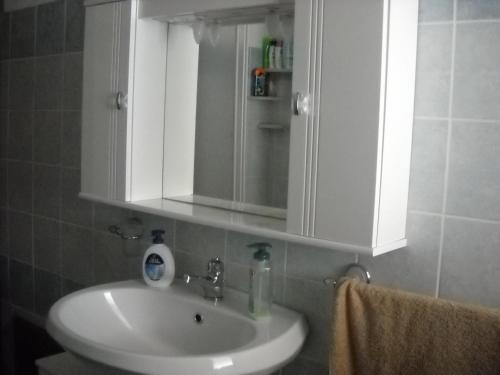 ein Badezimmer mit einem Waschbecken und einem Medizinschrank in der Unterkunft B&B Tatti in Nughedu Santa Vittoria