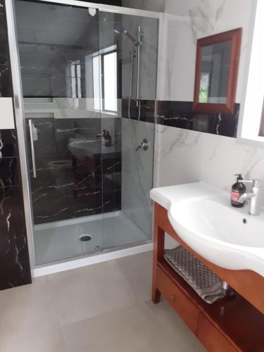 a bathroom with a shower and a sink at J&D Cottage in Kerikeri
