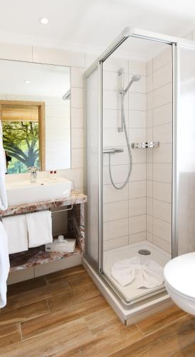 a bathroom with a shower and a sink at Moselstern-Hotel "Weinhaus Fuhrmann" in Ellenz-Poltersdorf