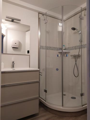 une salle de bain avec douche et lavabo dans l'établissement le Voili Voilou studio climatisé, à Sète