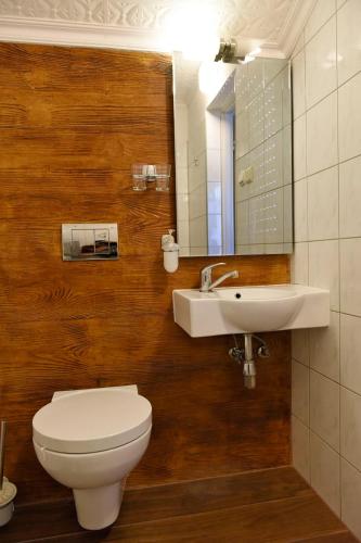 a bathroom with a toilet and a sink and a mirror at Śnieżka in Krosno