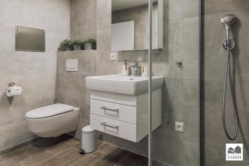 een badkamer met een toilet, een wastafel en een douche bij Resort Lednice - Eisgrub in Lednice