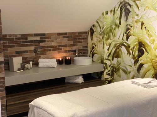 a bathroom with a sink and a wall with plants at Wildes Inns in Chesterfield