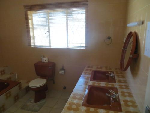 a bathroom with a toilet and a sink and a window at The Swiss Guesthouse in Johannesburg