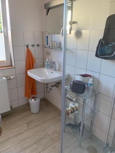 W łazience znajduje się umywalka i prysznic. w obiekcie Haus Jasmund Ferienwohnung 1 w mieście Binz