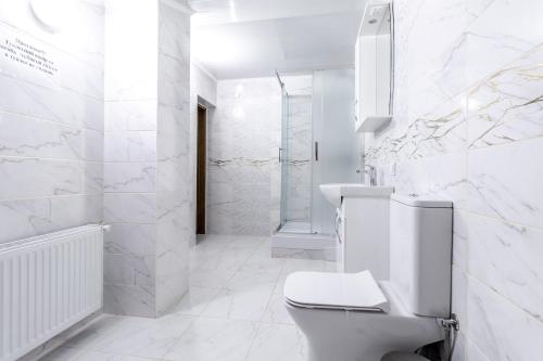 a white bathroom with a toilet and a sink at Маєток "ZYMON & SKI" in Bukovel