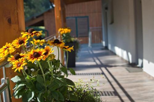 a vase of yellow flowers sitting on a porch at Pension Puster in Gobernitz