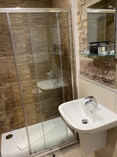 a bathroom with a shower and a sink at The Apple Inn in Lucker
