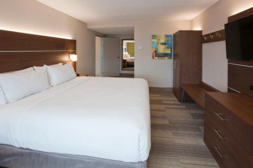 a hotel room with a large bed and a flat screen tv at Holiday Inn Express Roseville-St. Paul, an IHG Hotel in Roseville