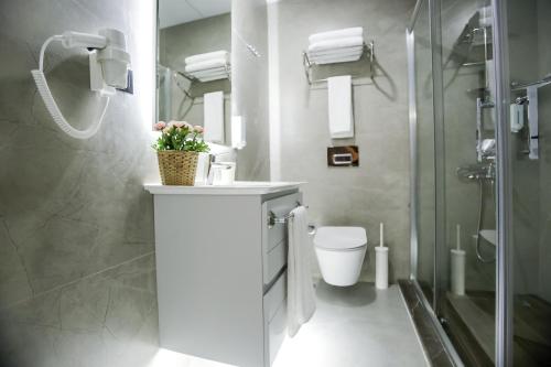 a bathroom with a shower and a toilet and a sink at Stile Suite Family Hotel in Antalya