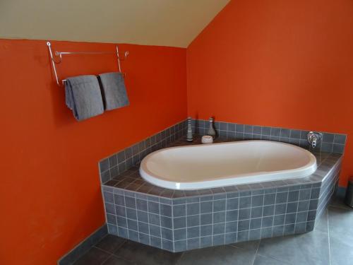a bath tub in a bathroom with an orange wall at Ungabona in East London