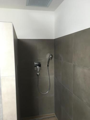 a shower stall with a shower head on a wall at Zeitfrei-Apartments in Kirchheim unter Teck