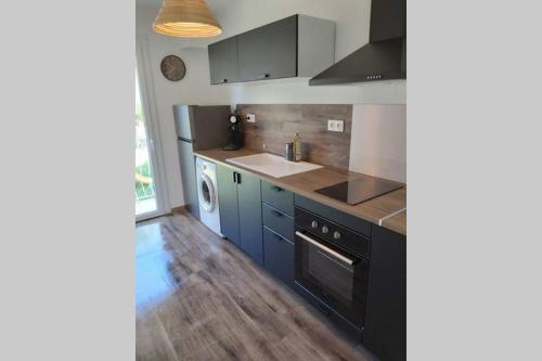 La cuisine est équipée de placards noirs, d'un évier et d'un lave-vaisselle. dans l'établissement ROSIER APPARTEMENT, à Manosque