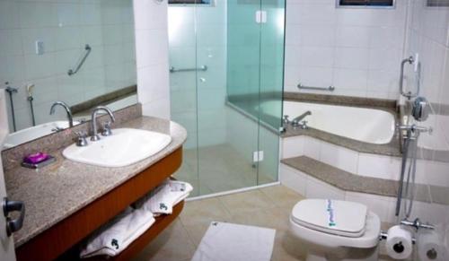 uma casa de banho com um lavatório, um WC e um chuveiro em Flats termais em condomínio Apart Hotel de águas termais em Gravatal