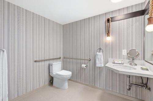 a bathroom with a toilet, sink, and mirror at Mason Beach Inn in Santa Barbara