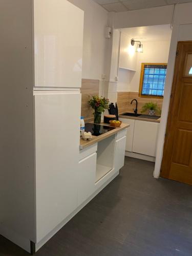 a white kitchen with a refrigerator and a sink at joli appartement quartier historique, 5 pers in Moulins