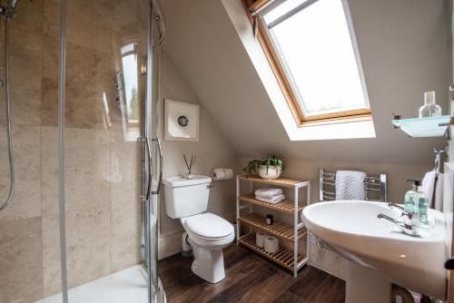 a bathroom with a shower and a toilet and a sink at Tanar View in Aboyne