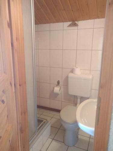 uma pequena casa de banho com WC e lavatório em Ferienhaus Börsengasse 1 em Duderstadt