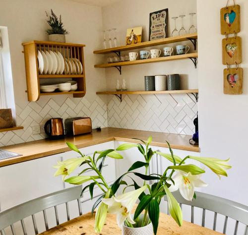 uma cozinha com uma mesa com uma planta em Kingfisher Nook at Waveney Farm em Hoxne