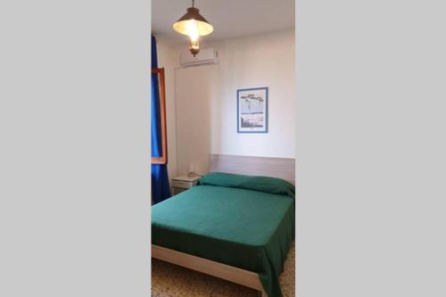 ein Schlafzimmer mit einem grünen Bett in einem Zimmer in der Unterkunft #southworking - Appartamento in villa sulla spiaggia a Soverato in Soverato Marina
