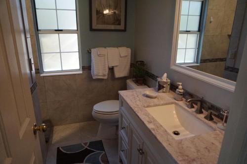 a bathroom with a sink and a toilet and a mirror at Harvest House Bed and Breakfast in Springdale