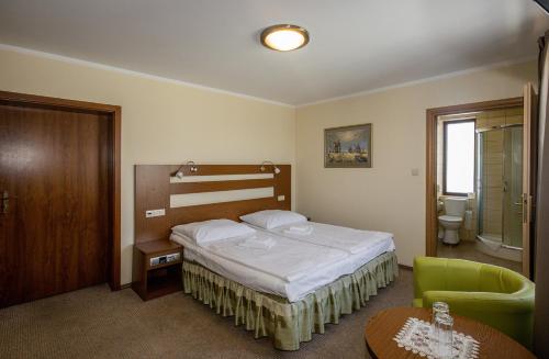 um quarto de hotel com uma cama e uma casa de banho em Pensjonat Rogatka em Osieczna